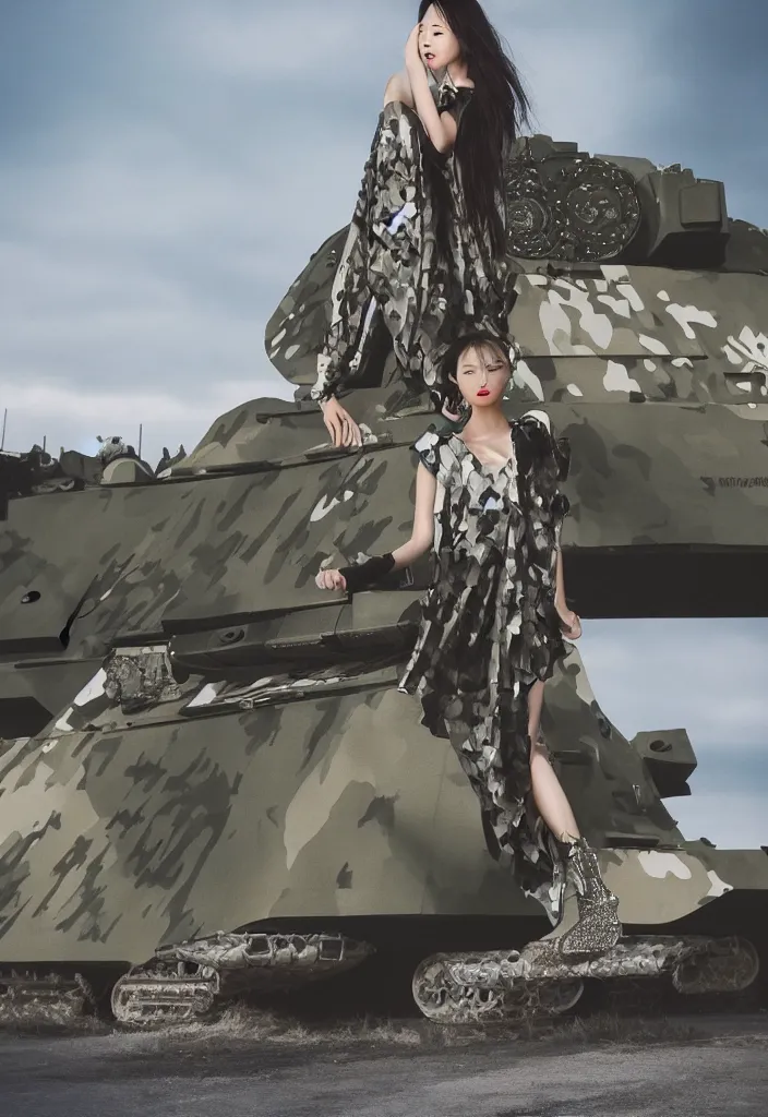 Image similar to gorgeous chinese model, elegant shiny reflective party dress, at the front of a military tank at dusk, high fashion photography for vogue italia