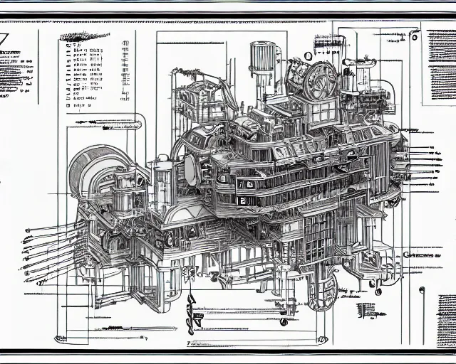 Image similar to a full page of a mechanical blueprint showing a cutaway design for a mechanized pikachu from howl's moving castle ( 2 0 0 4 ), with a big head, muted colors, post grunge, studio ghibli, hq,