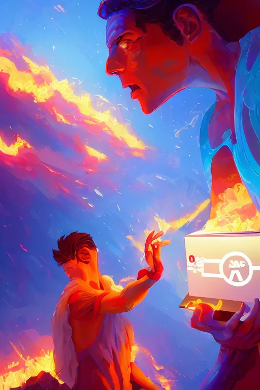 Prompt: the god hermes handing a man a computer on fire, the fire is made of binary code, digital painting bioluminance alena aenami artworks in 4 k design by lois van baarle by sung choi by john kirby artgerm style pascal blanche and magali villeneuve