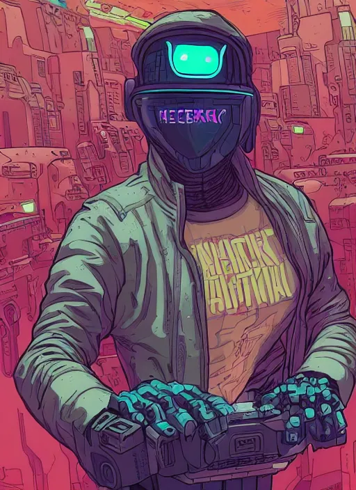 Prompt: cyberpunk hacker with robot feet. portrait by josan gonzales