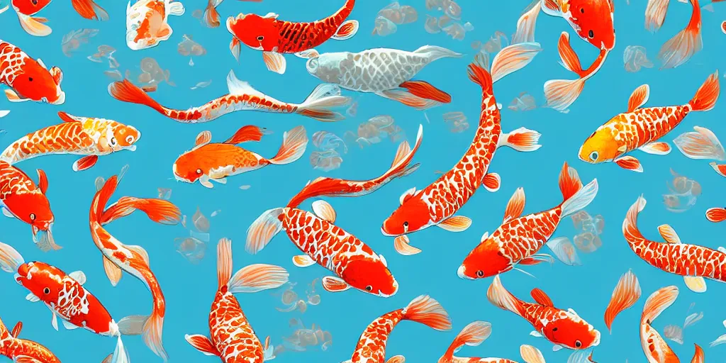 Prompt: repeating pattern of cute koi fishies