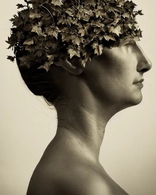 Image similar to a woman's face in profile, entwined with intricate decorative ivy, in the style of the dutch masters and gregory crewdson, dark and moody