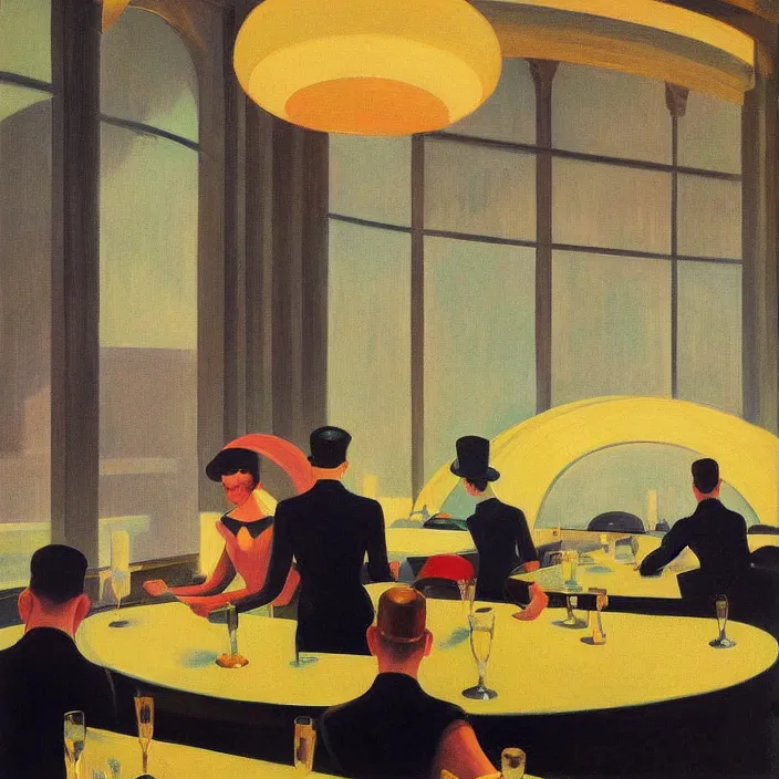 Image similar to people with spherical mirror heads, at art deco restaurant, open ceiling, highly detailed, painted by Edward Hopper, painted by James Gilleard