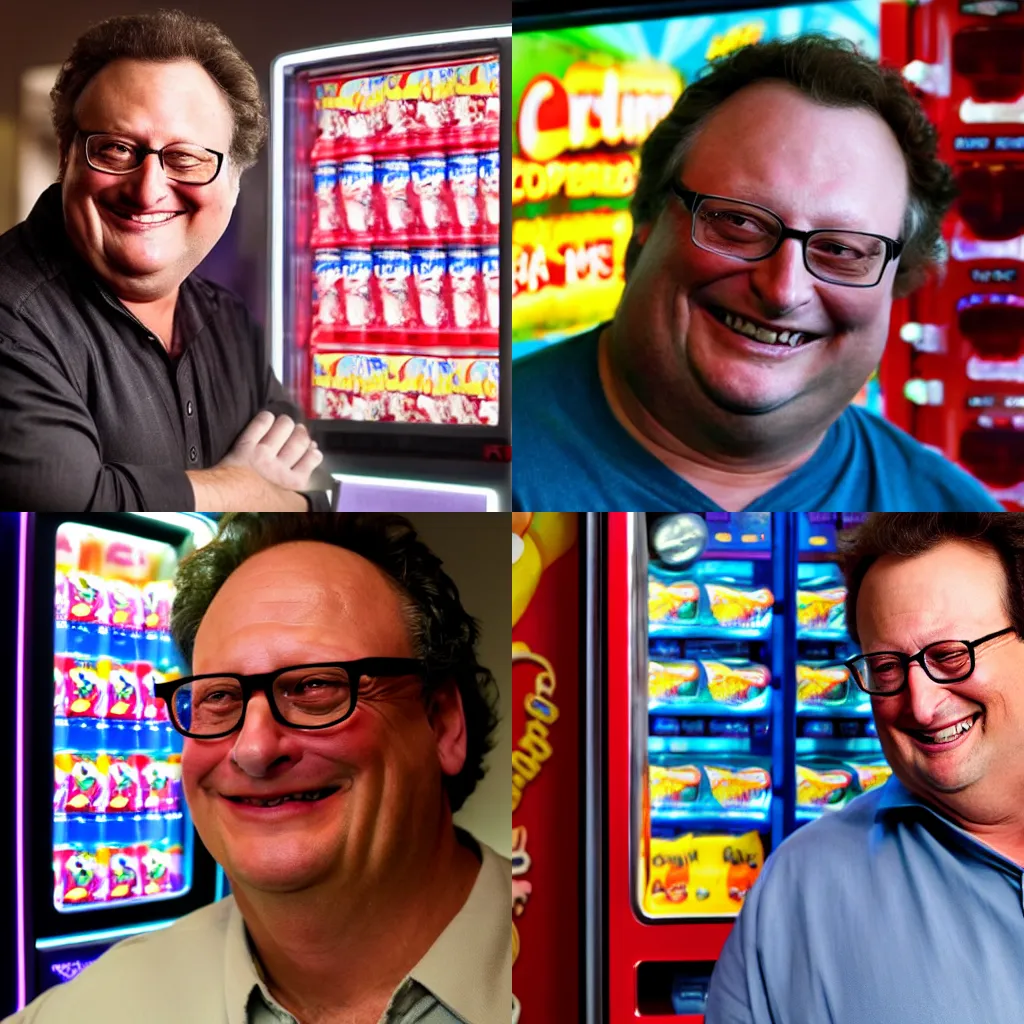 Prompt: Extreme closeup of Wayne Knight smiling in front of a candy vending machine, 4k, cinematic, dark, moody, creepy