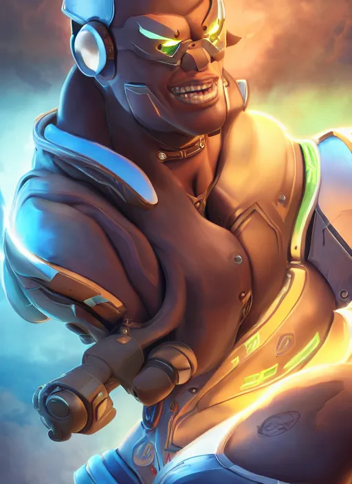 Image similar to character portrait of a fusion of Lucio from Overwatch and Doomfist from Overwatch by ArtGerm and Tom Bagshaw, 4k, highly detailed, cinematic lighting, characters merged