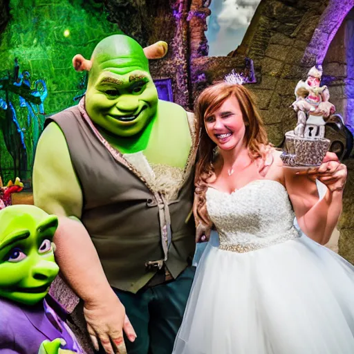 Image similar to Shrek-themed wedding, 8K ultra realistic photography, Shrek, award winning wedding photography, ultra HD