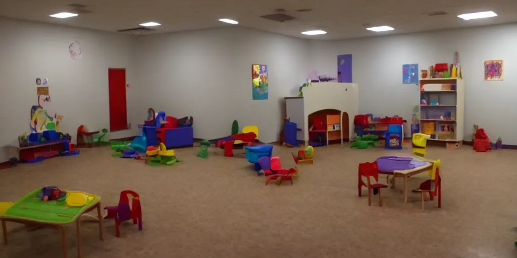 Image similar to childrens daycare indoors limital space, dimly lit, creepy photo