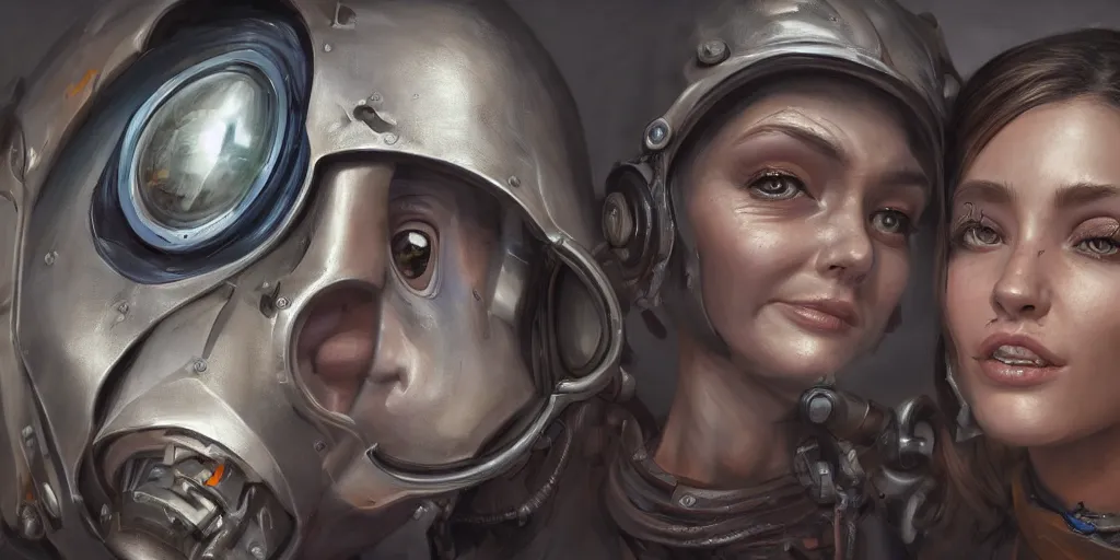 Prompt: highly detailed portrait painting of welder and angelina joile, mono eye, perfect symmetrical eyes, by eddie mendoza and tyler edlin, 8 k resolution