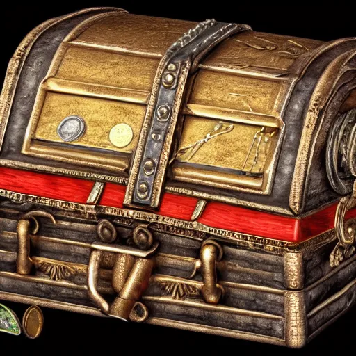 Prompt: A treasure chest filled with jewels, coins and golden artefacts, 4k, hdri, museum quality photo