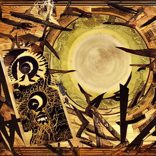 Prompt: the end times wooden collage, woodgrain, environmental art, lovecraftian, behance contest winner