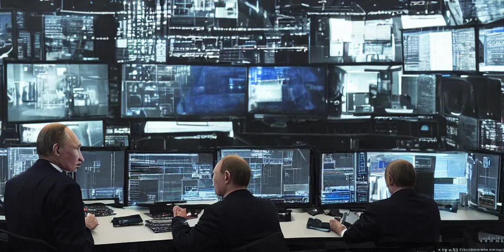 Image similar to vladimir putin hacking into the mainframe, multiple screens and monitors, dark atmosphere, creepy, very detailed, realistic photography