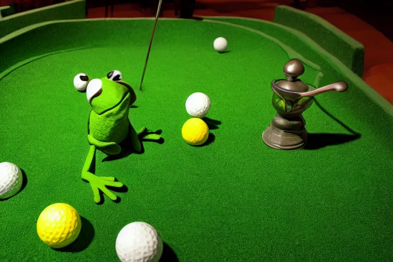 Prompt: kermit the frog playing mini golf, photorealistic, photography, mid night, beatiful place