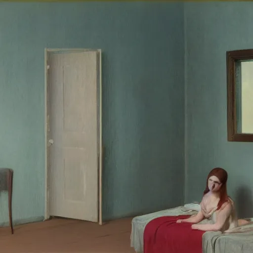 Image similar to a beautiful young girl in a soviet abandoned hotel room, daguerreotype by edward hopper, by henri rousseau, by Bosch, art noveau, highly detailed, strong lights, liminal, eerie, Bright pastel colors, octane render, 8k,