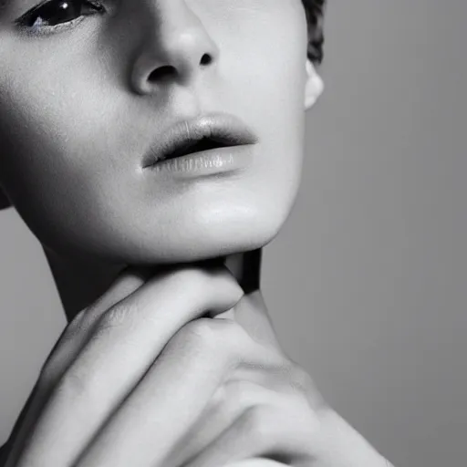 Prompt: close up of face of female fashion model sitting on chair, official jil sander editorial