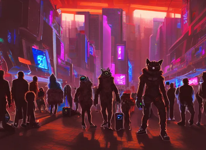 Image similar to high - resolution photograph from a cyberpunk era furry fandom convention ( midwest furfest 2 0 4 7 ), taking place after the genetic revolution and quantum singularity. photorealistic.