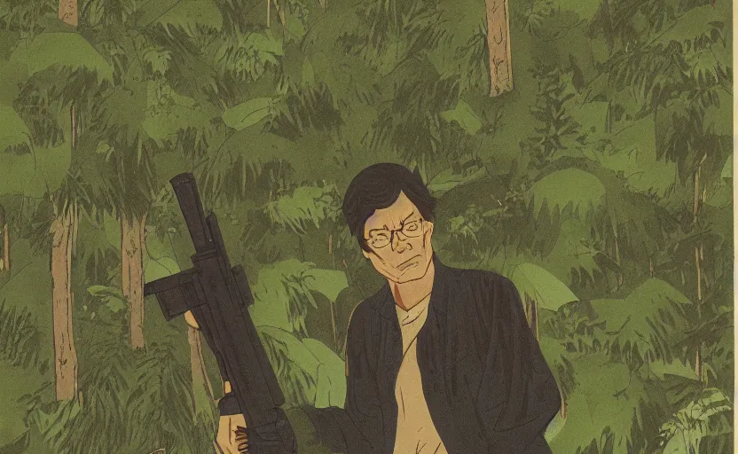 Image similar to stephen king film of a man alone in a lush green forest, japanese illustration, 1 9 8 0 s, tense, man is carrying a rifle, alone, matte illustration,