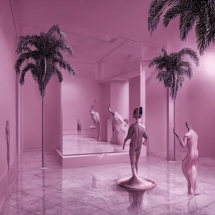 Image similar to hyperrealistic random objects in a surreal minimalistic dreamscape environment by salvador dali, enormous pink mannequin head statue, highly detailed, 3 d render, vray, octane, beautiful lighting, photorealistic, intricate, elegant, wayne barlowe, water, mirrors, doorway, beautiful, masterpiece, trending on artstation, artgerm, checkered floor, palm tree