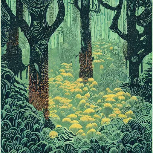 Image similar to linocut print of fantasy forest, amazing art, highly detailed, intricate, color, masterpiece, by victo ngai, craig mullins,