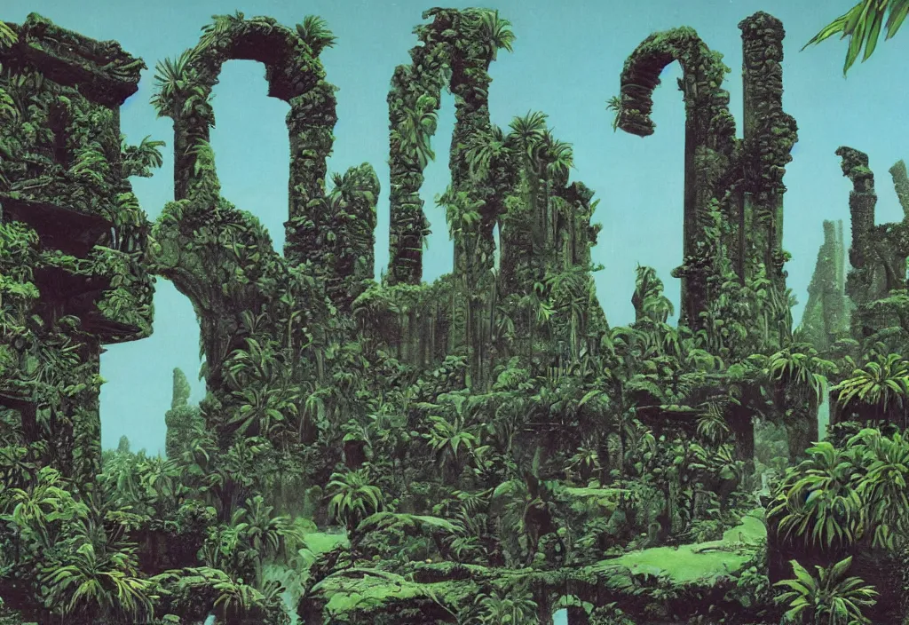 Prompt: a tropical alien world, ancient ruins, by roger dean, david a. hardy, syd dutton