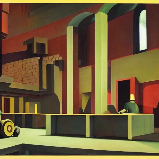 Image similar to drab slave human workers building robots, watched by fascist drones, brutalist factory chapel, dystopian, pj crook, edward hopper, oil on canvas