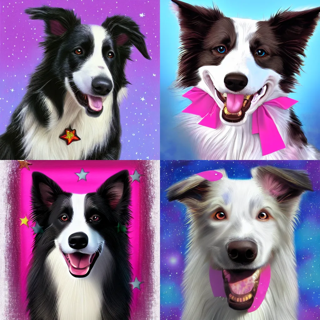 Prompt: a smiling border collie dog with a pink star on its collar, fantasy book cover, digital painting, highly detailed render