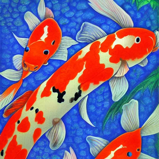 Prompt: two koi, detailed painting by wayne pruse