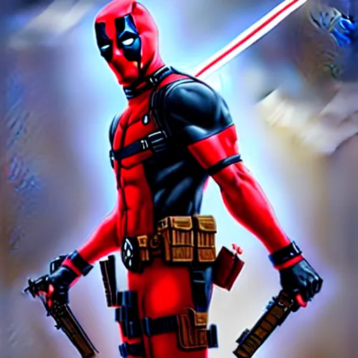 Image similar to deadpool character concept in red white colors!!!, hyperrealistic, highly detailed, cinematic, volumetric sunlight, beautiful, cgssociety, artstation, 8 k, oil painting by greg rutkowski, by artgerm, by wlop