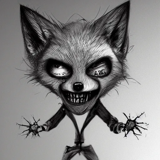 Image similar to surrealism grunge cartoon sketch of a cute zombie fox by michael karcz, loony toons styl, horror theme, detailed