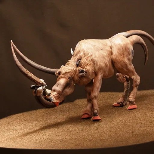 Prompt: a photo of a realistic minotaur stop motion puppet, highly detailed, realistic, cinematic lighting, by ray harryhausen