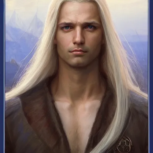 Prompt: 2 7 year old male with blue eyes and long straight blonde hair no beard with feminine features as a fantasy d & d character, closeup portrait art by donato giancola and greg rutkowski, face, digital art, trending on artstation, symmetry!!