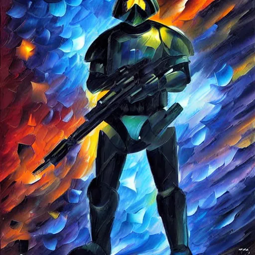 Prompt: A Neon Dark Trooper scanning a room with pulsating laser, artwork by Leonid Afremov