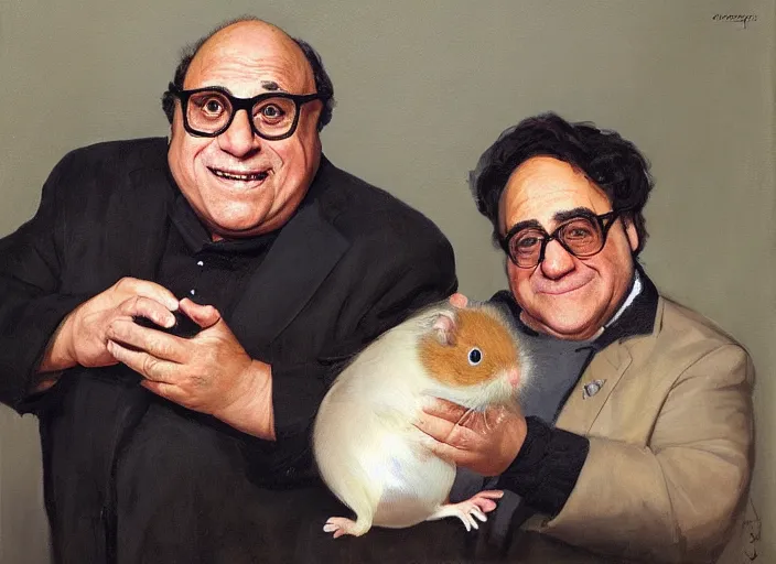 Prompt: a highly detailed beautiful portrait of danny devito with a hamster, by gregory manchess, james gurney, james jean
