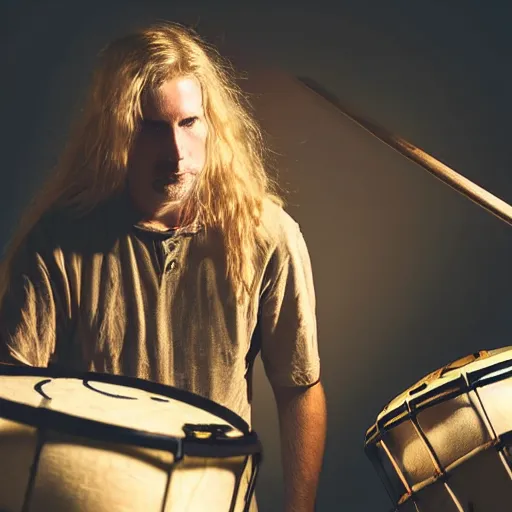 Image similar to award winning photograph of a blonde man with a goatee and long hair plays an amazing drum set, dramatic lighting,