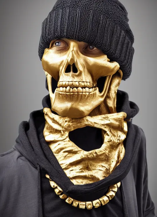 Image similar to portrait of a lithuanian man wearing a skull beanie and sleeveless hoodie, gold necklace, highly detailed, realistic, studio quality, studio photo, studio lighting, trending on artstation, sharp focus