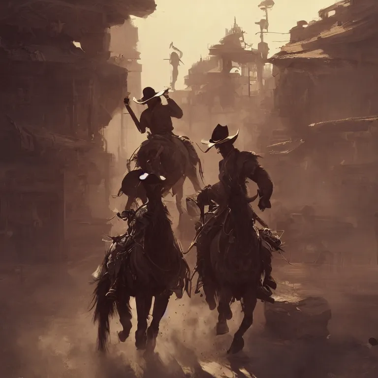 Prompt: a cowboy showdown at high noon, masterpiece 4 k digital illustration by ruan jia and mandy jurgens and artgerm, highly detailed, trending on artstation, award winning