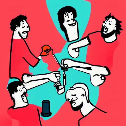 Image similar to a bill. a bong. a group of friends. enjoying themselves and laughing it up. sun set. red accents. illustration. inspired by routine.