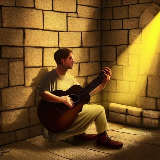 Prompt: A musician playing a lute in front of a stone wall, with a bright light source behind him, digital painting, concept art, professional photographer, sharp focus, details, beautiful, close up, by Barret Frymire