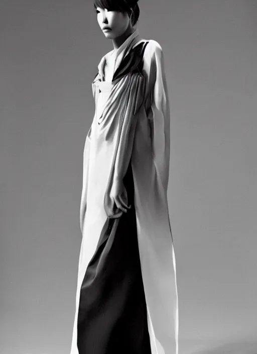 Image similar to a portrait of a japanese model detailed features wearing a wedding dress - chic'techno fashion trend lots of zippers, pockets, synthetic materials, jumpsuits. - by issey miyake by ichiro tanida and mitsuo katsui