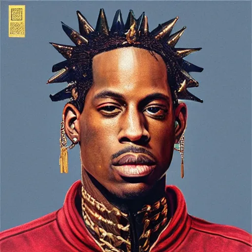 Image similar to travis scott with a golden crown, album cover,, a character portrait by weiwei, cgsociety, sots art, official art, art, character,