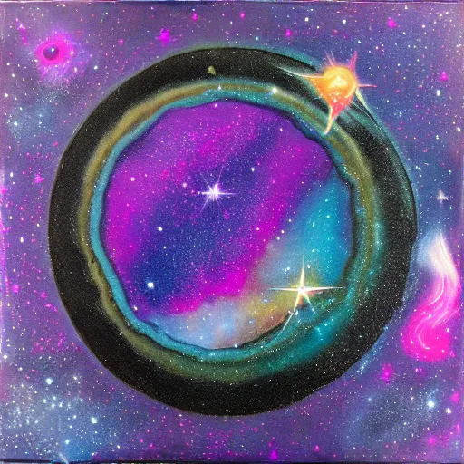Prompt: hypersurreal dreamlike fey reclining on cosmic roots, infinity, nebula, smeared acrylic paint and glitter on shiny black tile, space telescope