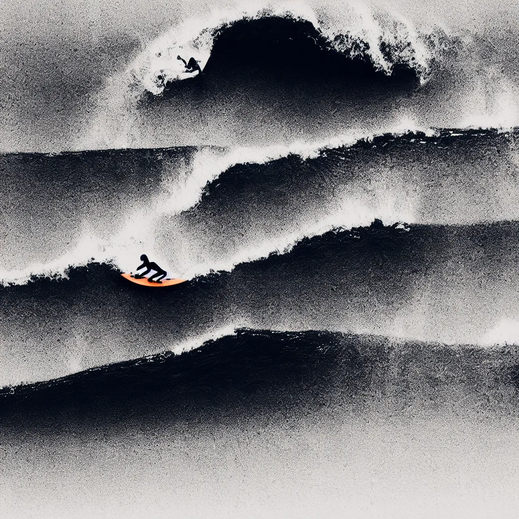 Image similar to surfing wave, mads berg, karolis strautniekas, film noir, stippled light, dramatic lighting, editorial illustration, detailed, fine texture, matte print, art deco, brutalism, dark blue + dark orange, red, black, ( ( habitat 6 7 background ) )