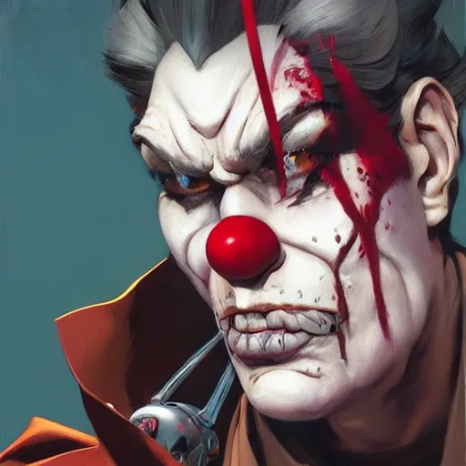 Image similar to 4k headshot portrait of Spawn clown from Macfarlane comics by Craig Mullins, ilya kuvshinov, krenz cushart, epic , artgerm trending on artstation by Edward Hopper and Dan Mumford and WLOP and Rutkovsky, beksinski carl spitzweg moebius and tuomas kocar, intricate artwork by caravaggio, Unreal Engine 5, Lumen, Nanite , 4K headshot of godlike clown with defined arms and open hands and bloody clothes with giant mandala wings , intricate face , flawless anime cel animation by Kentaro Miura, psychedelic , highly detailed upper body , professionally post-processed , beautiful, scary, symmetry accurate features, epic, octane rendered, anime masterpiece, accurate