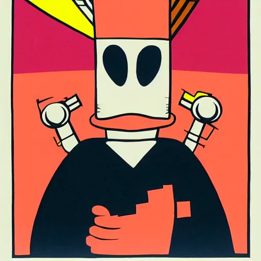 Prompt: atomic nuclear friendly cartoon character in the style of Charley Harper and Eric Fraser, post-war, colourful