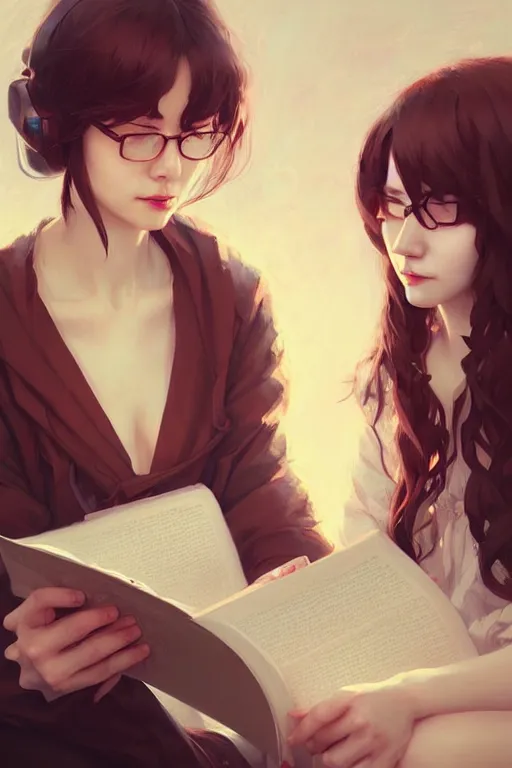 Prompt: portrait of two wise and very beautiful women reviewing some texts, art by guweiz, intricate, elegant, highly detailed, smooth, artstation