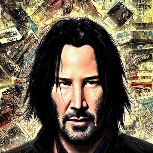 Image similar to keanu reeves a quirky cyberpunk wizzard, dark-hair, intricate, elegant, highly detailed, smooth, sharp focus, detailed face, high contrast, dramatic lighting, graphic novel, art by Ardian Syaf and Michael Choi