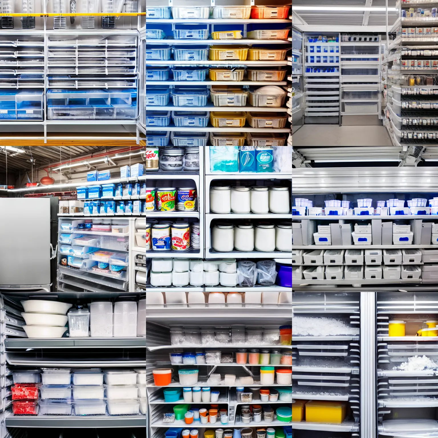 Prompt: stock photo of a deep freezer that is overflowing with milk, studio lighting, in a hardware store