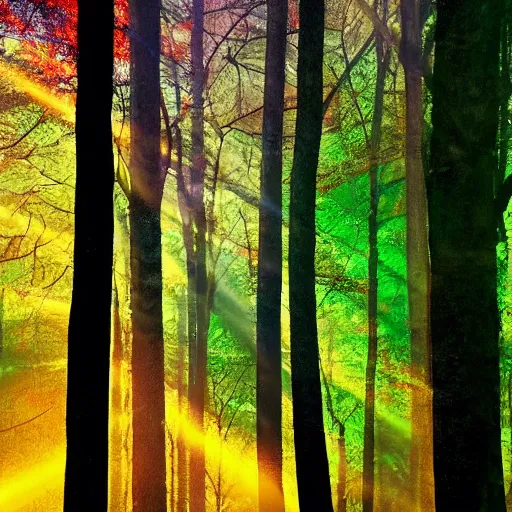 Image similar to a dark forest with shafts of colorful light