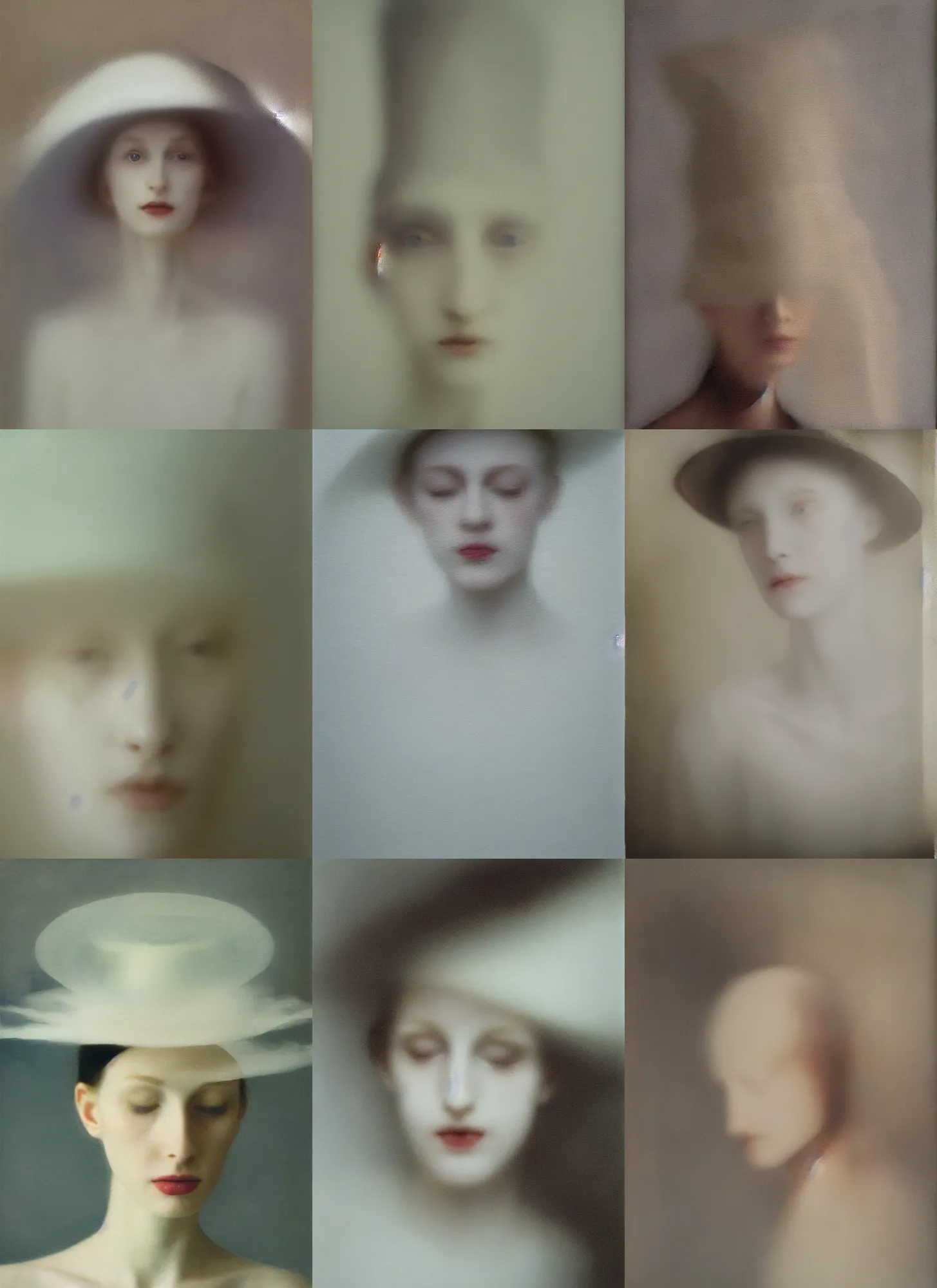 Prompt: out of focus photorealistic portrait of a beautiful pale young woman by sarah moon and gerhard richter, very blurry, translucent white skin, closed eyes, foggy, closeup, with a weird hat