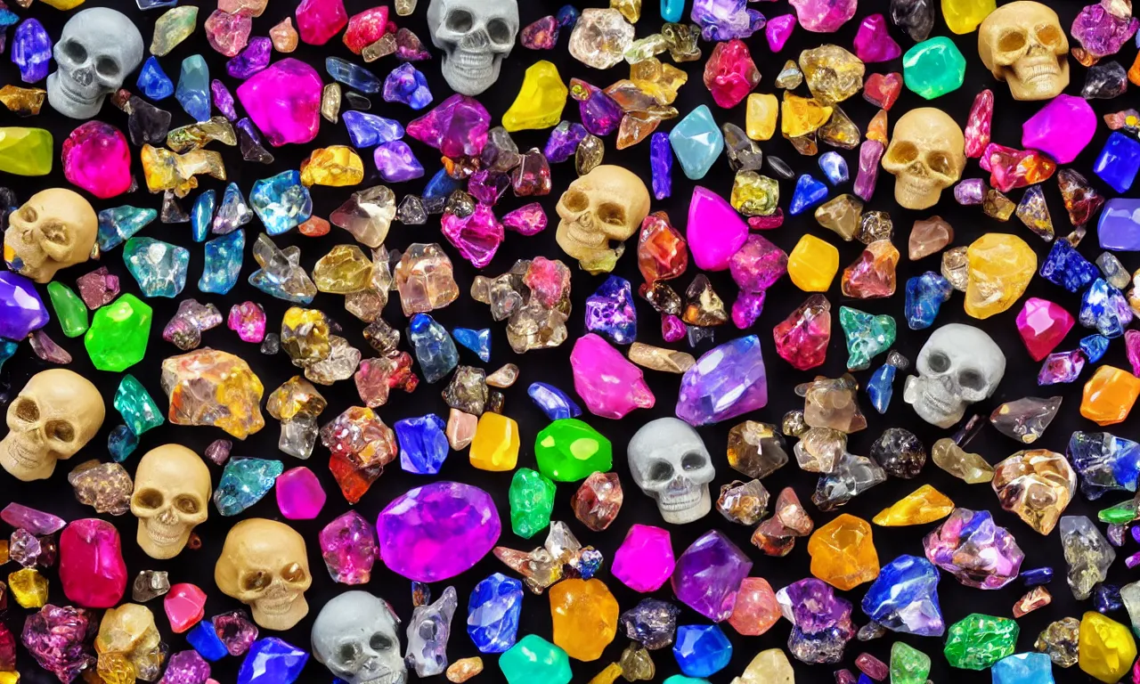 Prompt: material study, in shapes of skull strange exotic gemstones, beautiful, colorful, sharp focus, highly detailed, 4 k, black background