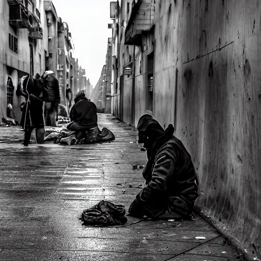 Prompt: The city looked bleak - homeless people everywhere begging, swindling, doing what they could to get by. Some were living in the sewers (adults & children, many orphans). They would pop out of manholes & casually sniff some glue out of a bag 4k wide angle